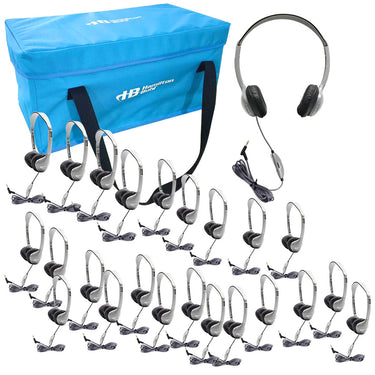 Bulk school headphones pack of 24 with carry case, ideal for classrooms and education settings.